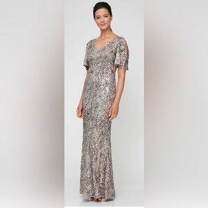 Alex Evening Caroline Flutter Sleeve Long V Neck Sequin Gown $279 Size:12